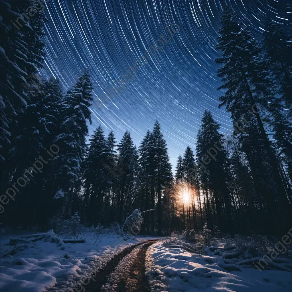 Glowing star trails above a snow-covered winter forest - Image 4