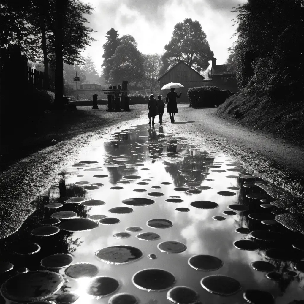 Scene of children jumping into puddles that transform into gateways to water worlds - Image 4