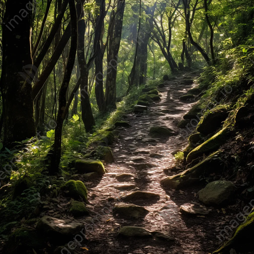 A trail in a sunny dense forest - Image 1