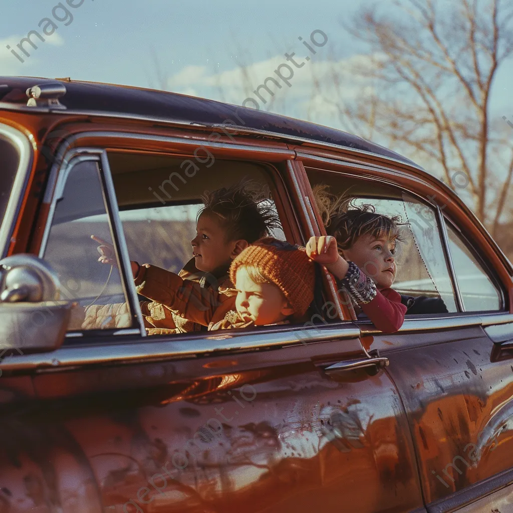 Family on a road trip with kids pointing out sights from the car. - Image 3