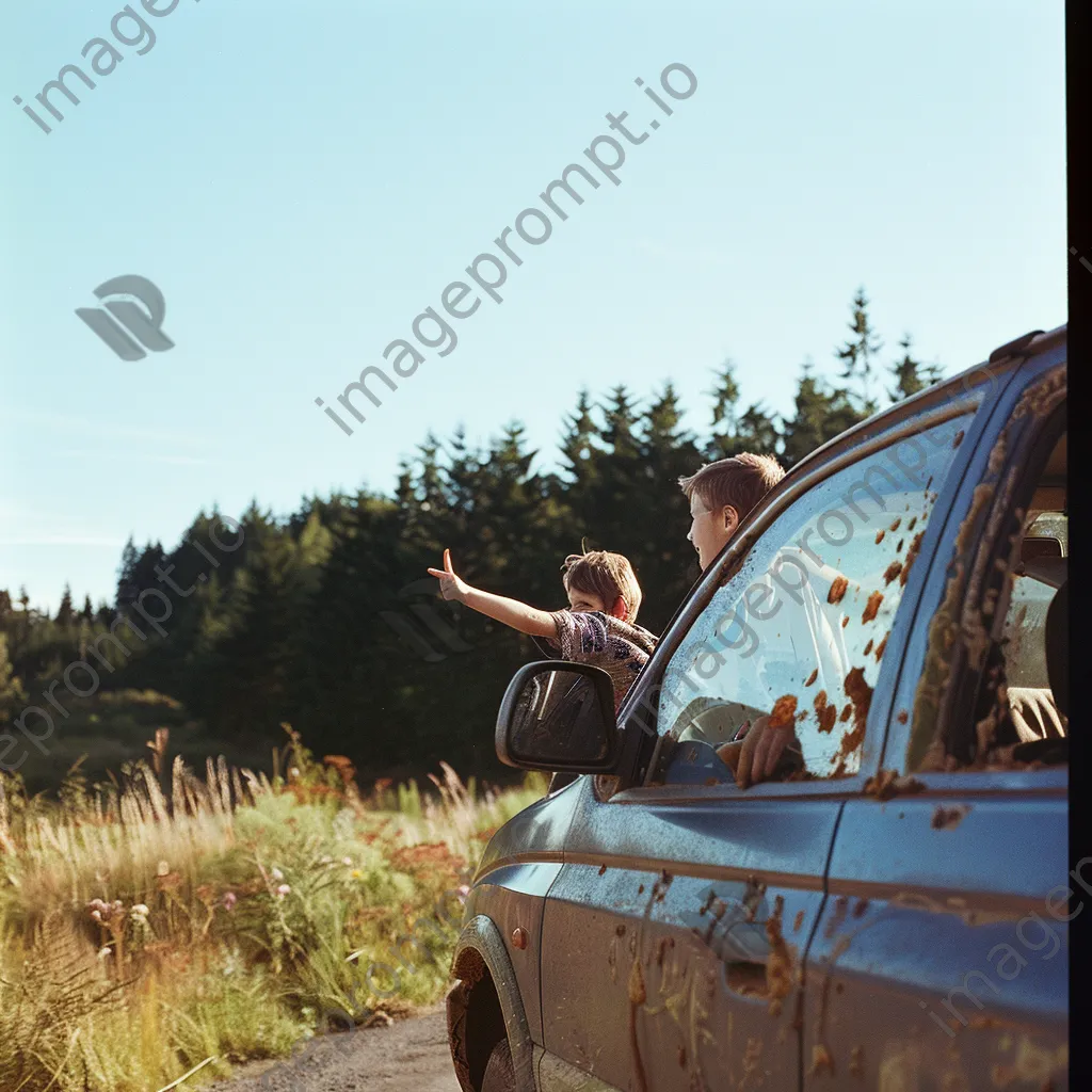 Family on a road trip with kids pointing out sights from the car. - Image 4