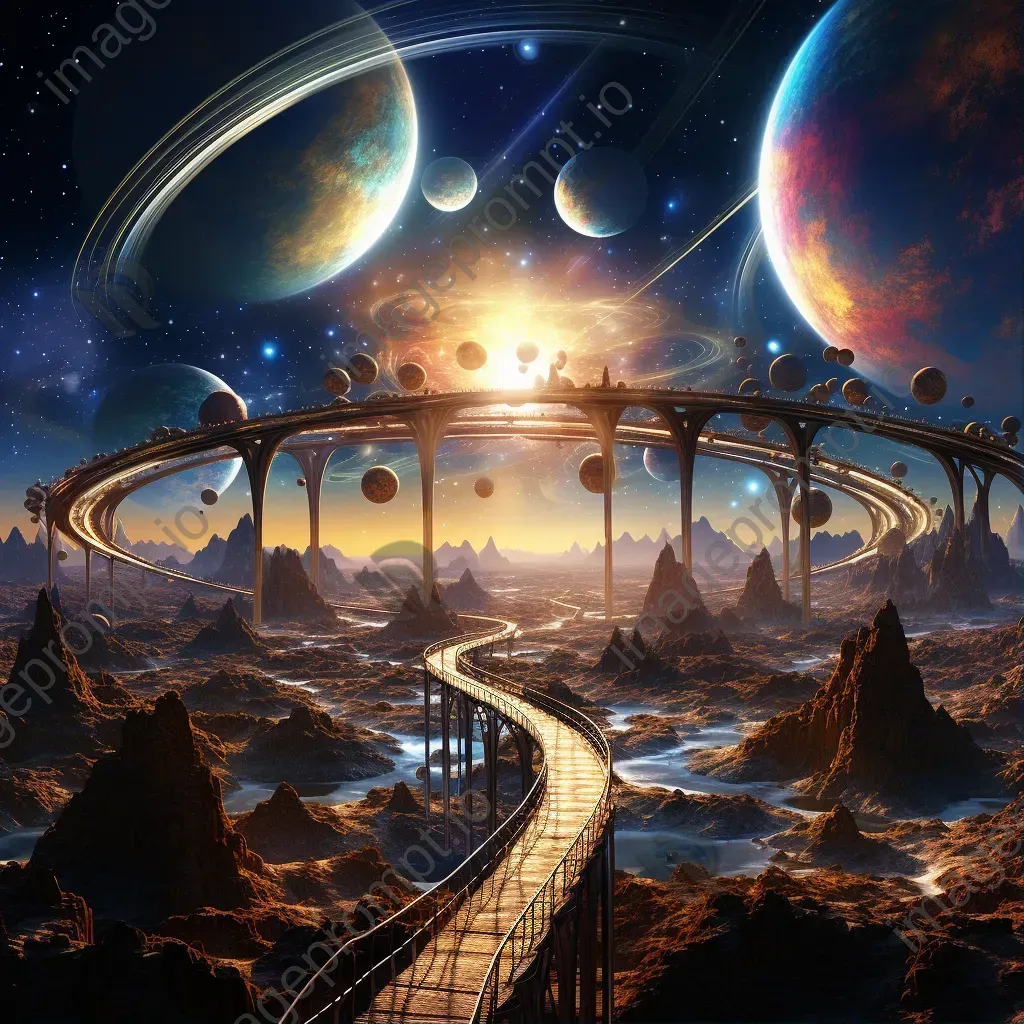 Futuristic digital art of a planetary alignment forming a cosmic bridge between realms - Image 1