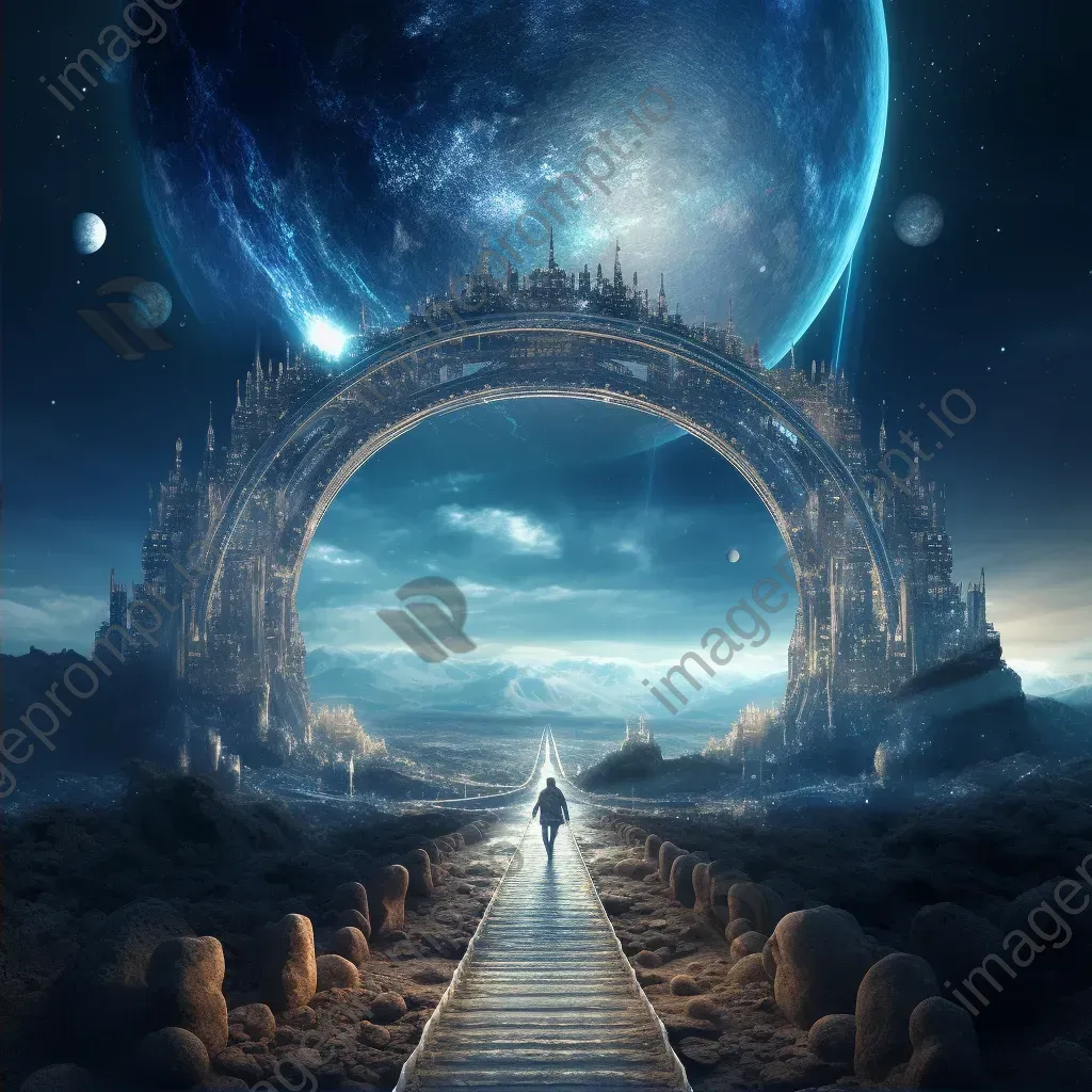 Futuristic digital art of a planetary alignment forming a cosmic bridge between realms - Image 2