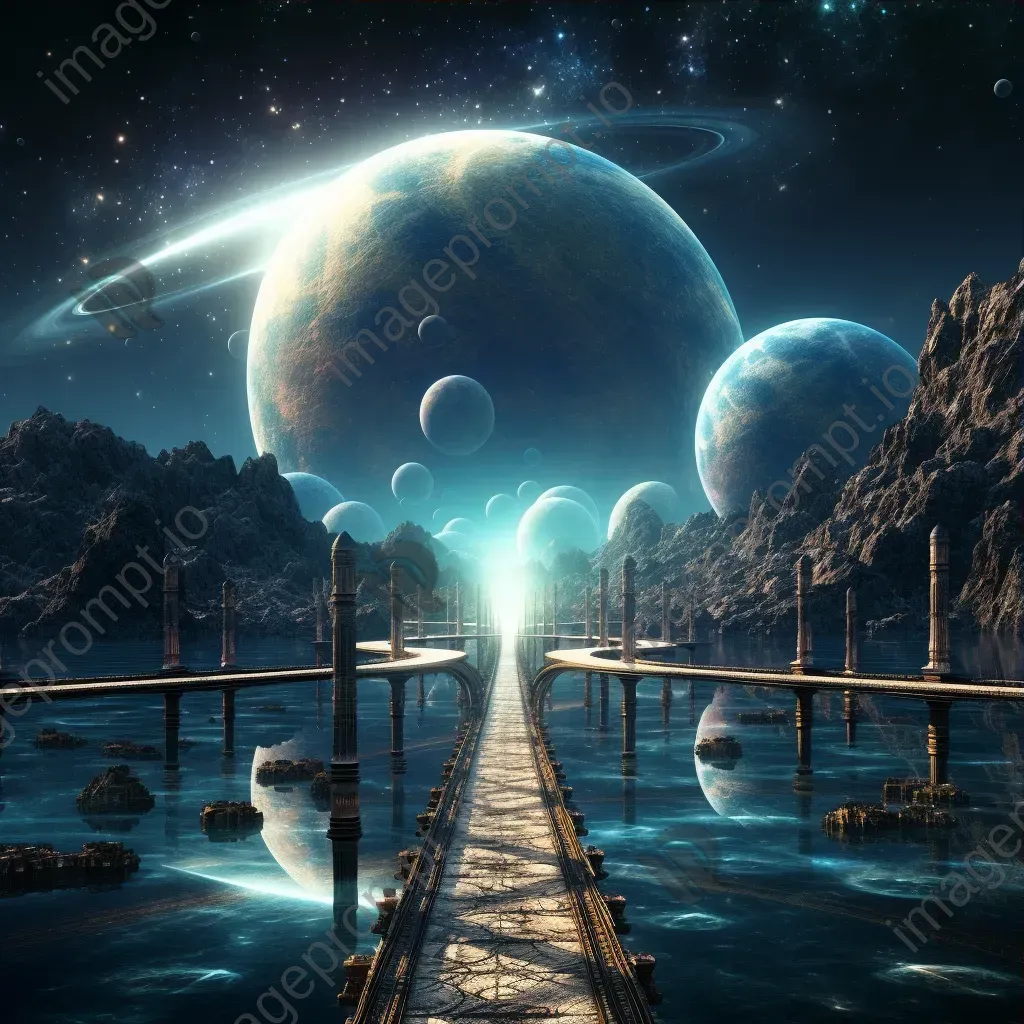 Futuristic digital art of a planetary alignment forming a cosmic bridge between realms - Image 3