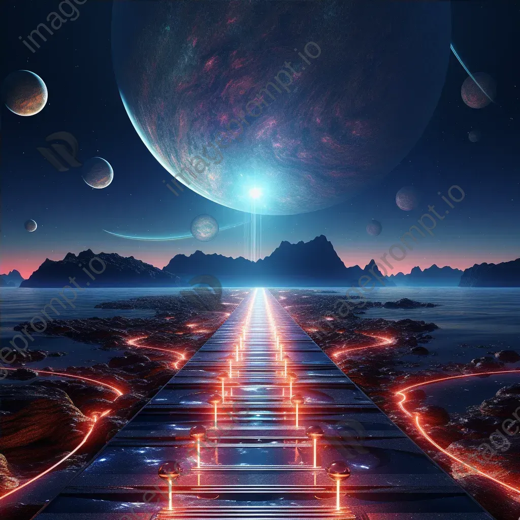 Futuristic digital art of a planetary alignment forming a cosmic bridge between realms - Image 4