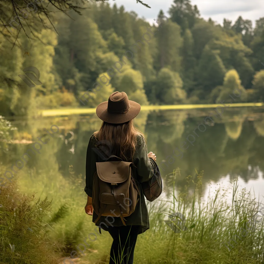 Woman walking in nature by a tranquil lake - Image 1