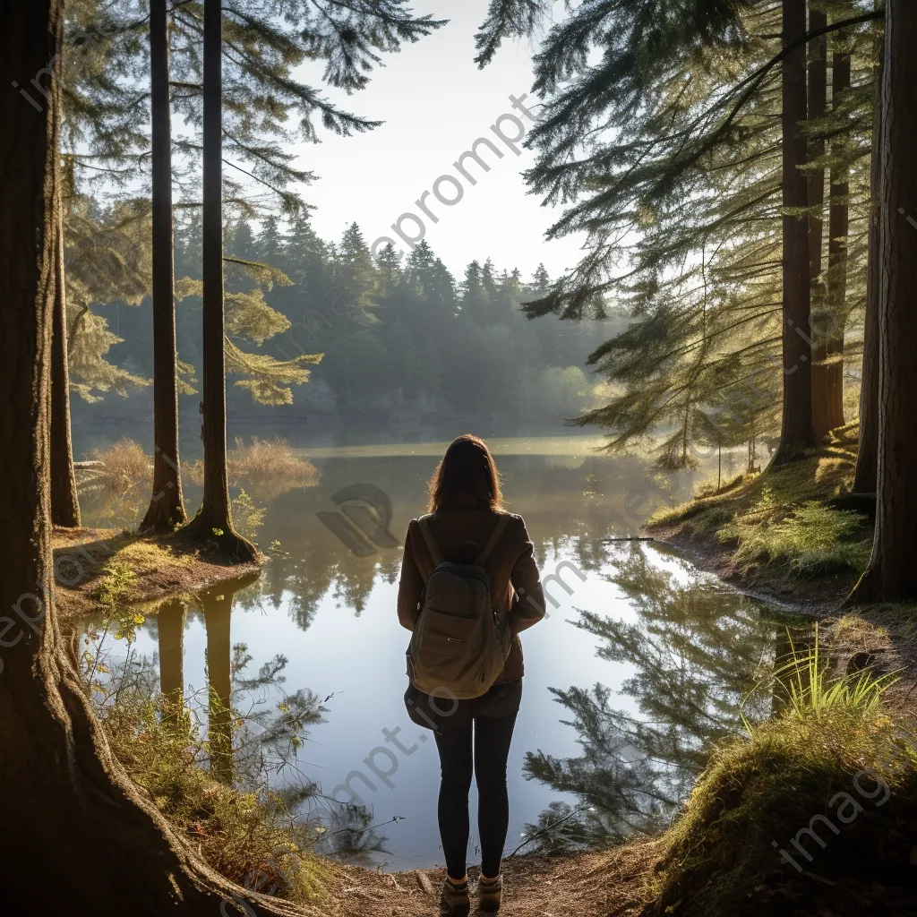 Woman walking in nature by a tranquil lake - Image 2