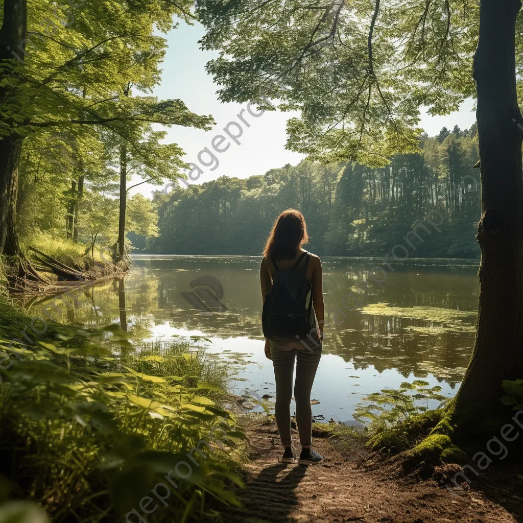 Woman walking in nature by a tranquil lake - Image 3