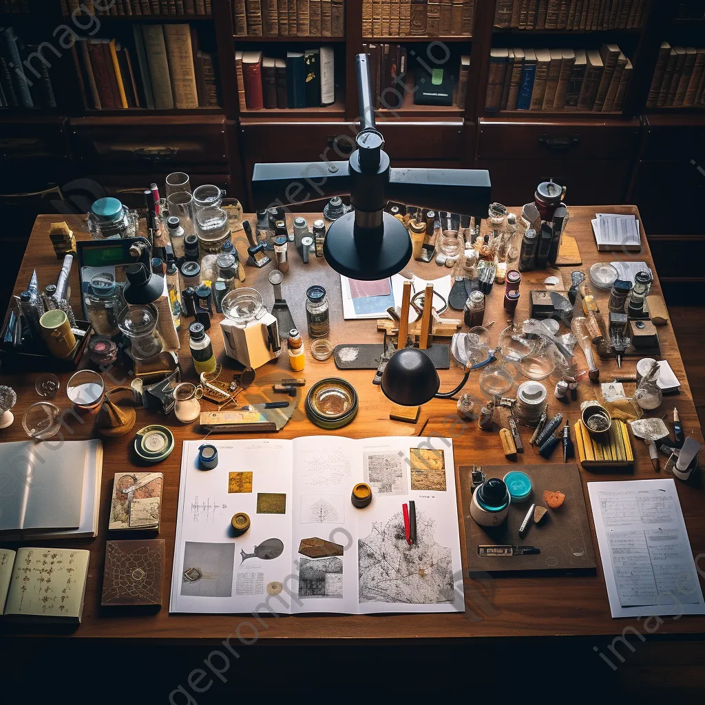 Overhead view of organized science materials on a lab table. - Image 1