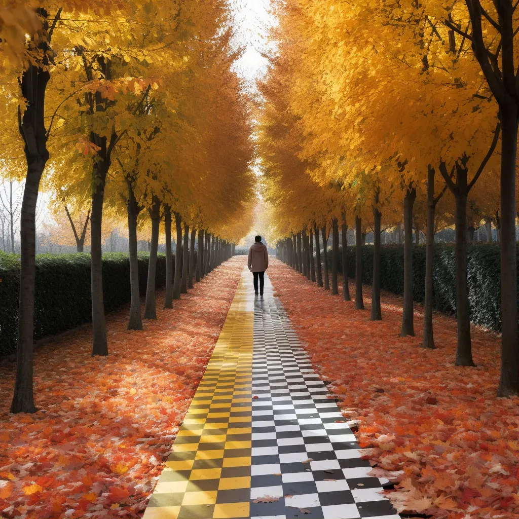 Artwork of a traveler walking through autumn leaves symbolizing life transitions - Image 1