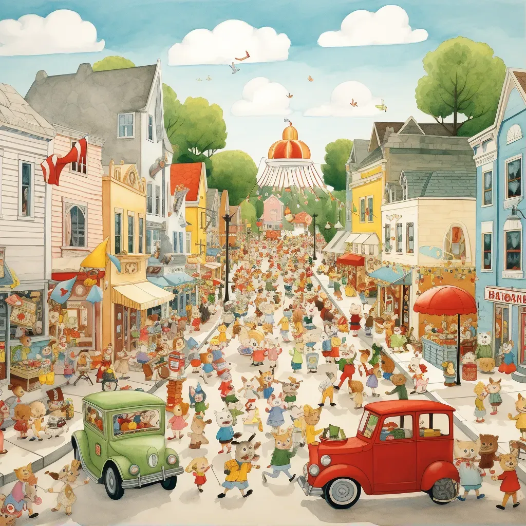 People of all ages celebrating in a colorful parade in a small town - Image 1