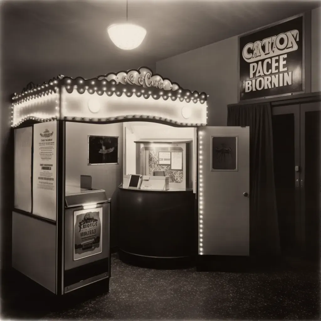 Vintage movie theater with film poster, ticket booth, and popcorn stand - Image 1