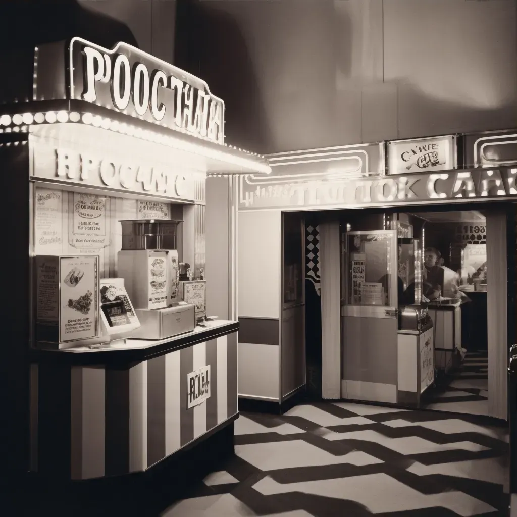 Vintage movie theater with film poster, ticket booth, and popcorn stand - Image 3