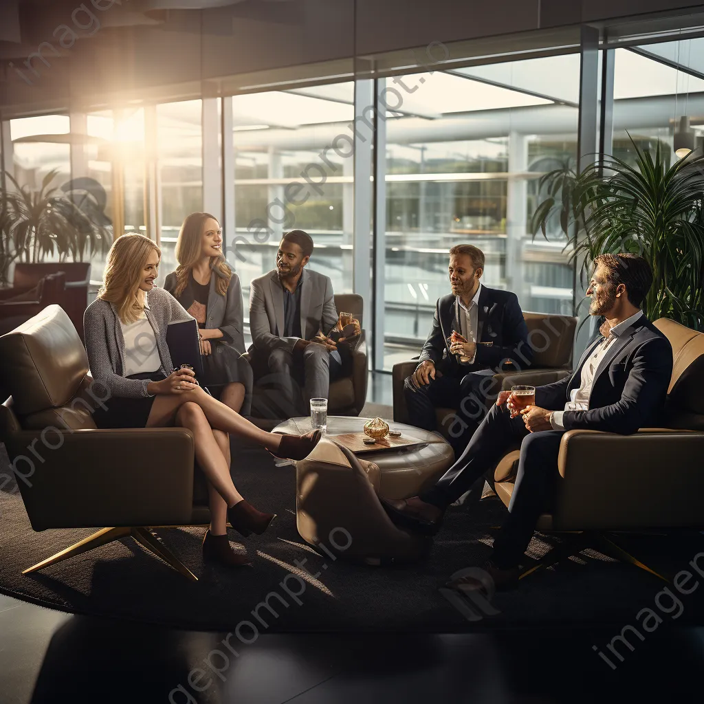 Group of business professionals brainstorming in airport lounge. - Image 1