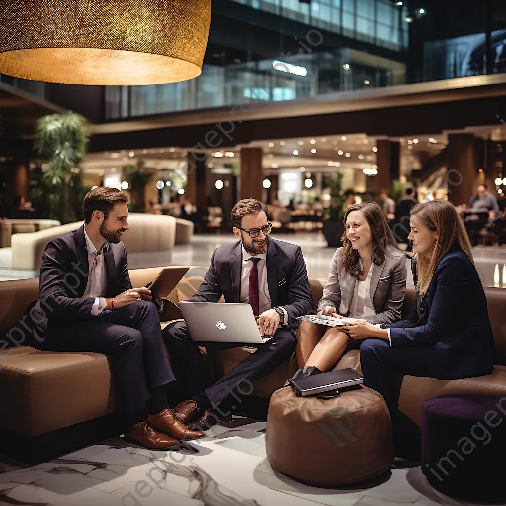 Group of business professionals brainstorming in airport lounge. - Image 2