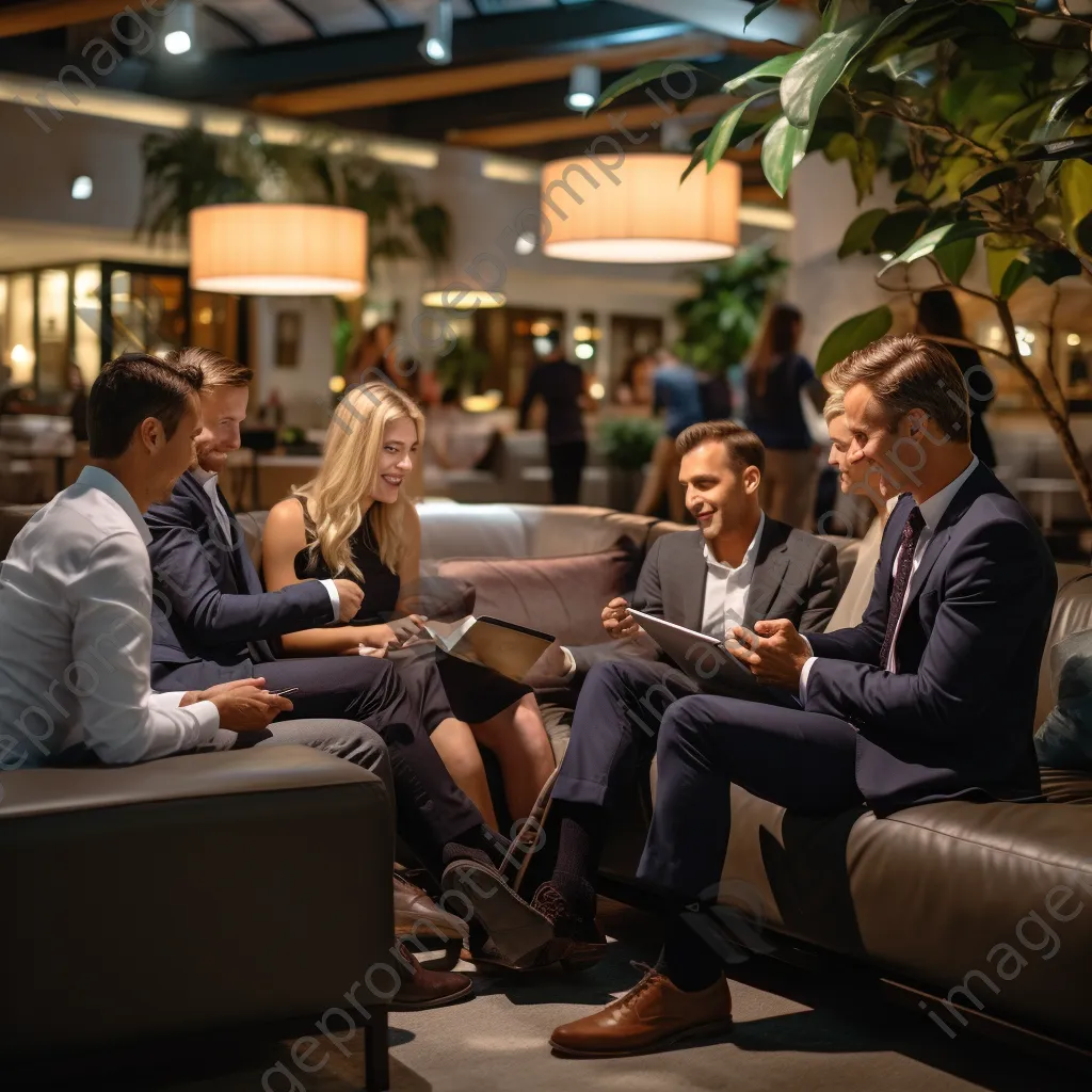 Group of business professionals brainstorming in airport lounge. - Image 4