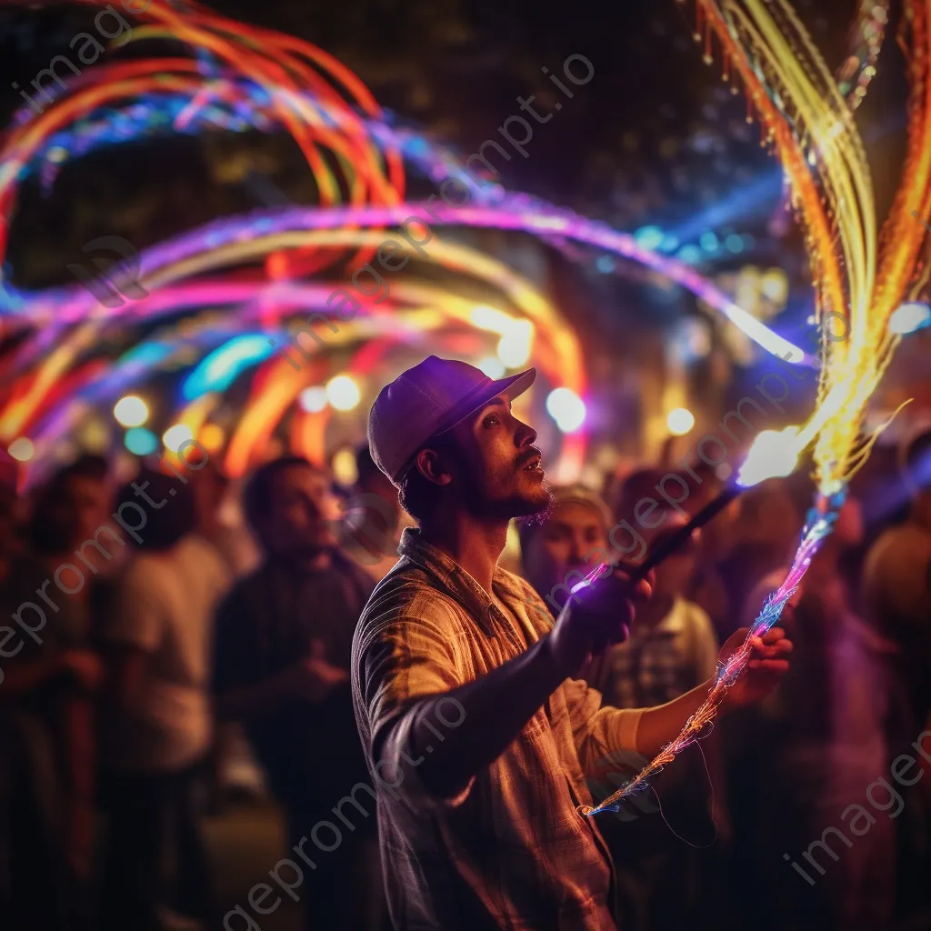 Artist creating light patterns with wands at an outdoor event. - Image 1