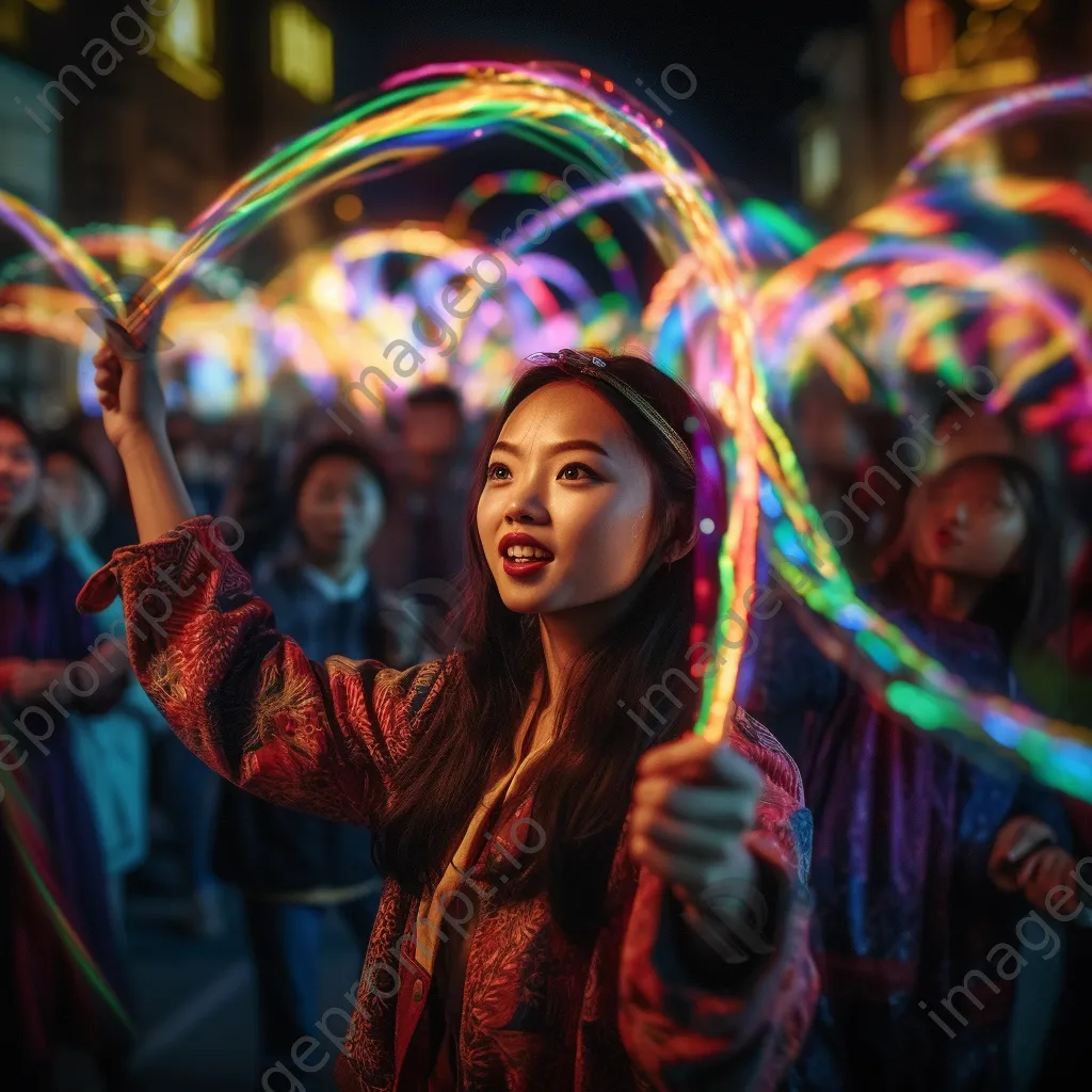 Artist creating light patterns with wands at an outdoor event. - Image 2