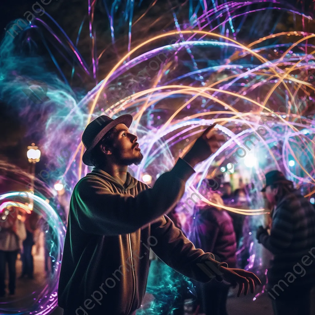 Artist creating light patterns with wands at an outdoor event. - Image 3