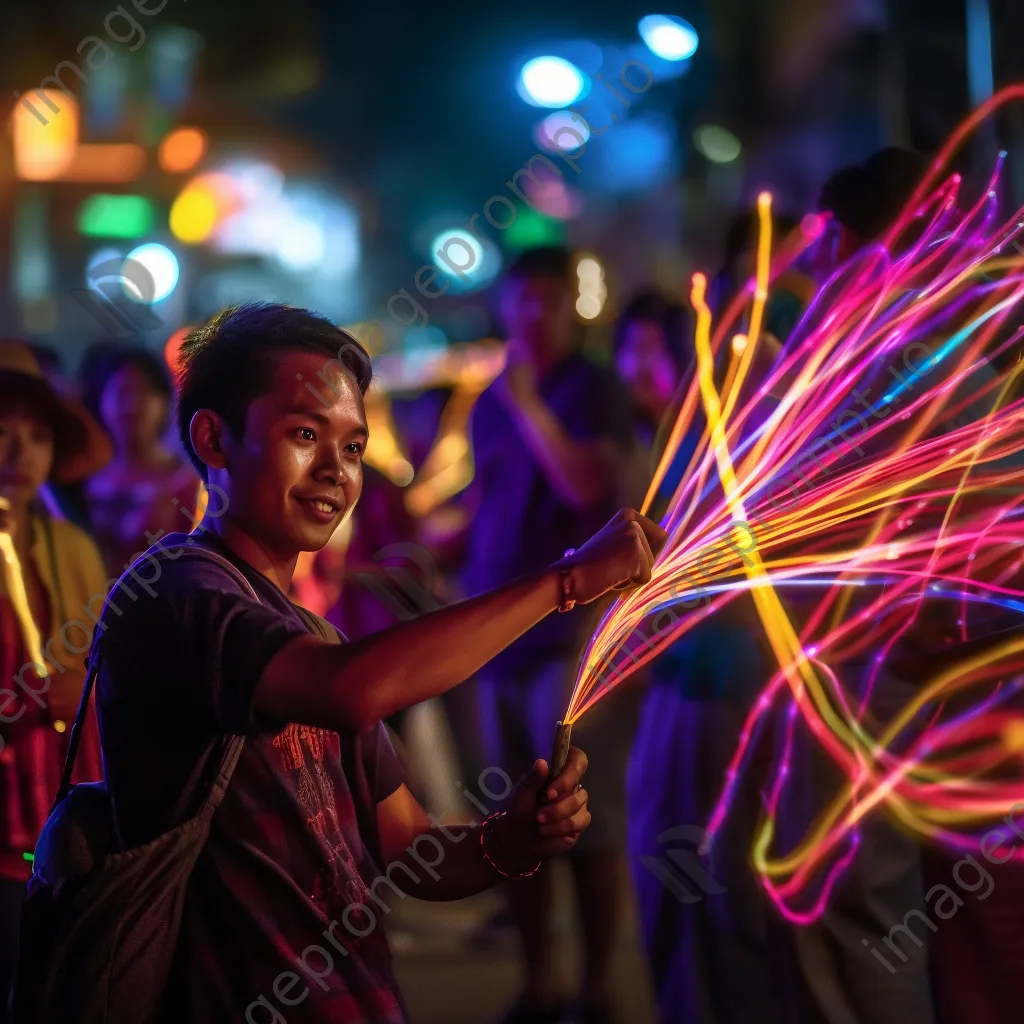 Artist creating light patterns with wands at an outdoor event. - Image 4