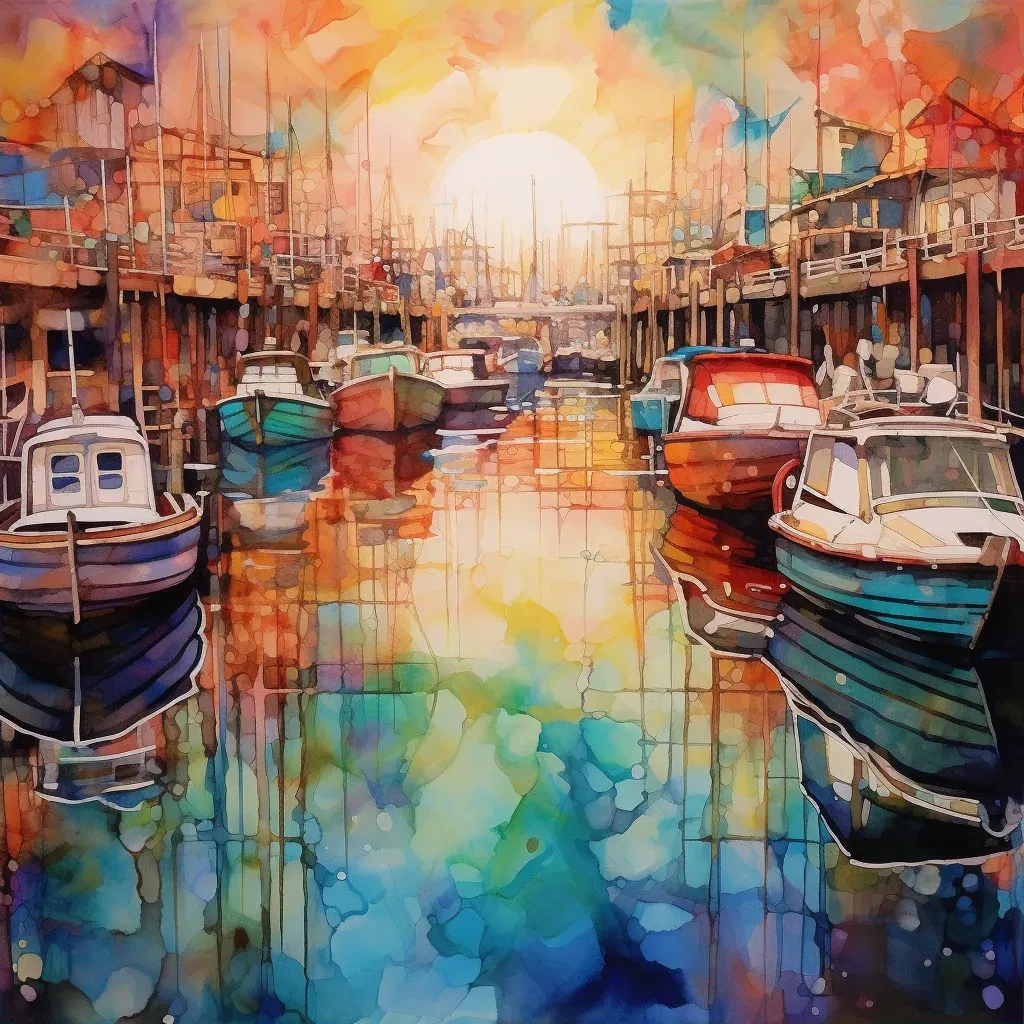 Bustling harbor with multicolored boats and vibrant reflections - Image 2