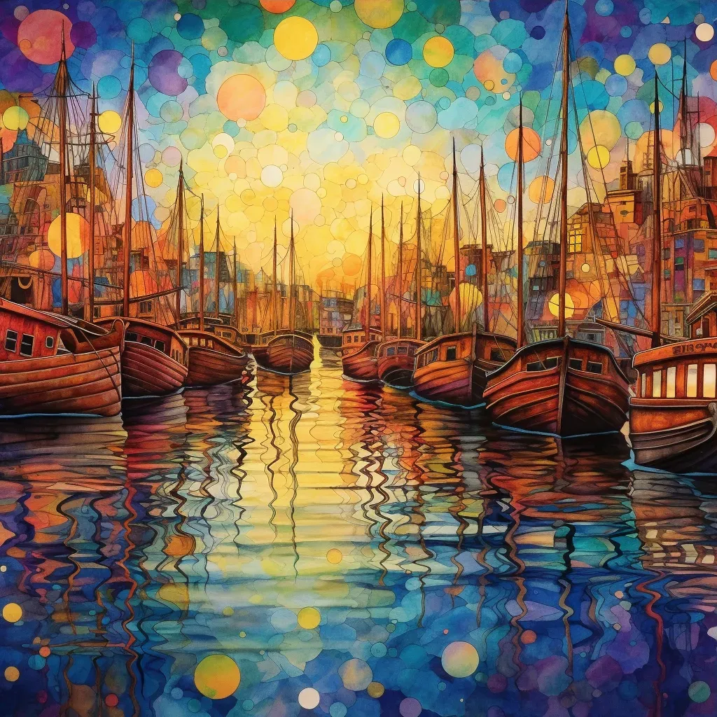 Bustling harbor with multicolored boats and vibrant reflections - Image 3