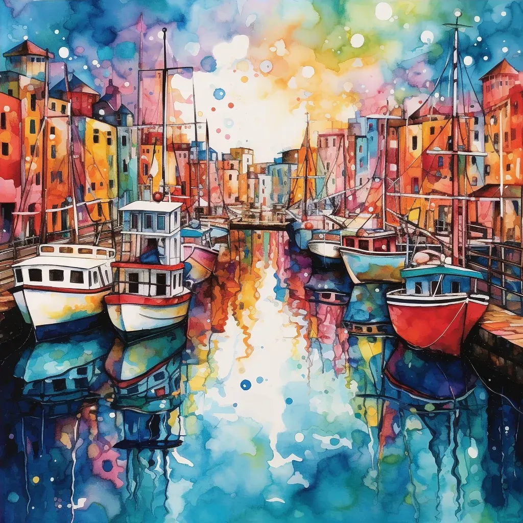 Bustling harbor with multicolored boats and vibrant reflections - Image 4