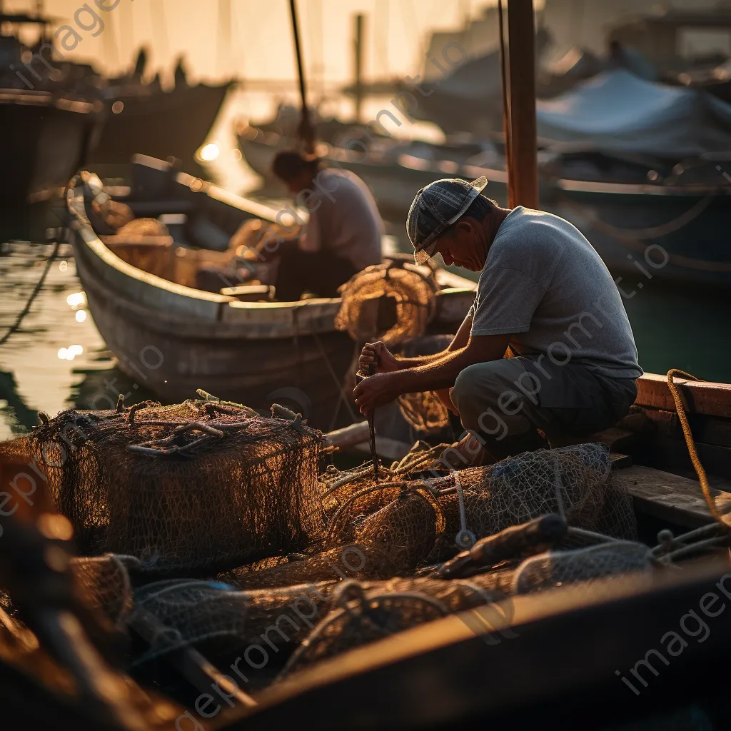 Fishermen collaborating to repair fishing nets at a harbor with boats. - Image 1