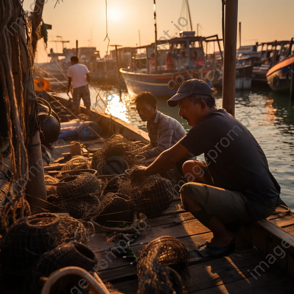 Fishermen collaborating to repair fishing nets at a harbor with boats. - Image 2