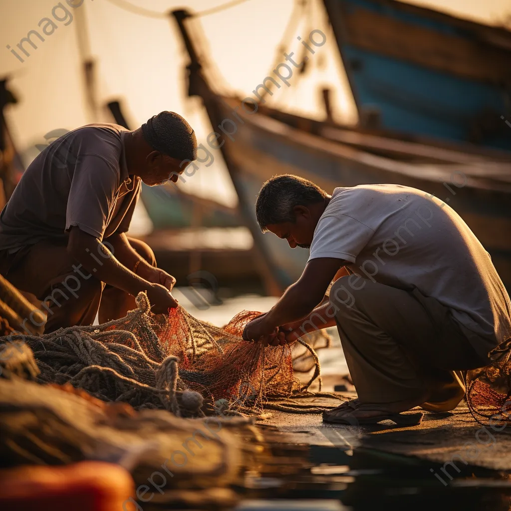 Fishermen collaborating to repair fishing nets at a harbor with boats. - Image 3