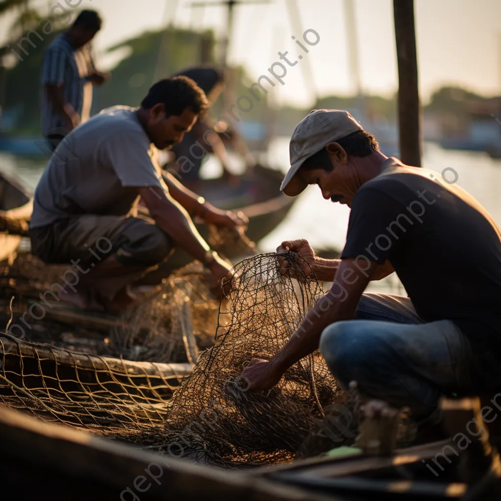 Fishermen collaborating to repair fishing nets at a harbor with boats. - Image 4