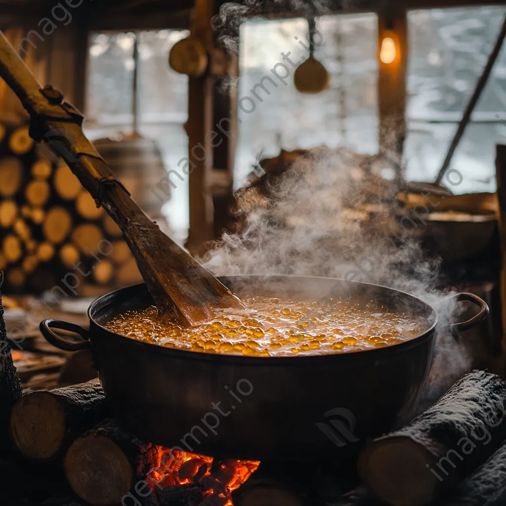 Close-up shot of maple syrup cooking in a large cauldron - Image 1