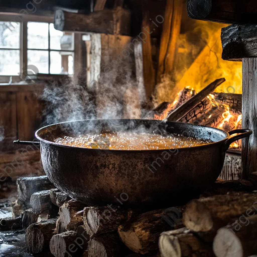 Close-up shot of maple syrup cooking in a large cauldron - Image 2