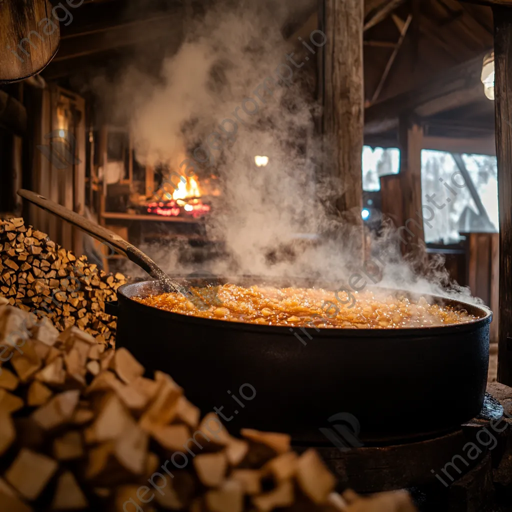 Close-up shot of maple syrup cooking in a large cauldron - Image 3