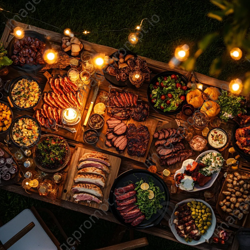 Aerial view of a barbecue spread on a picnic table - Image 1