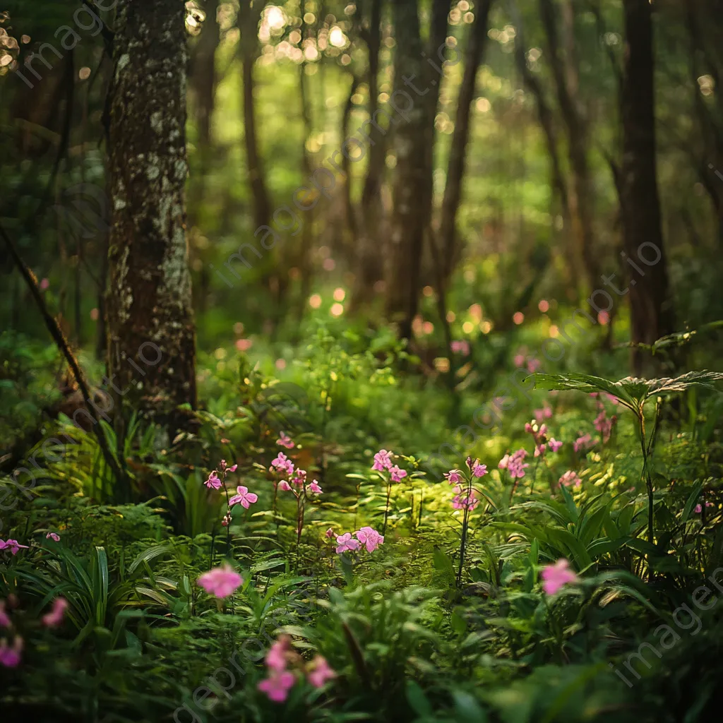 Charming forest understory showcasing a variety of small plants and orchids. - Image 2