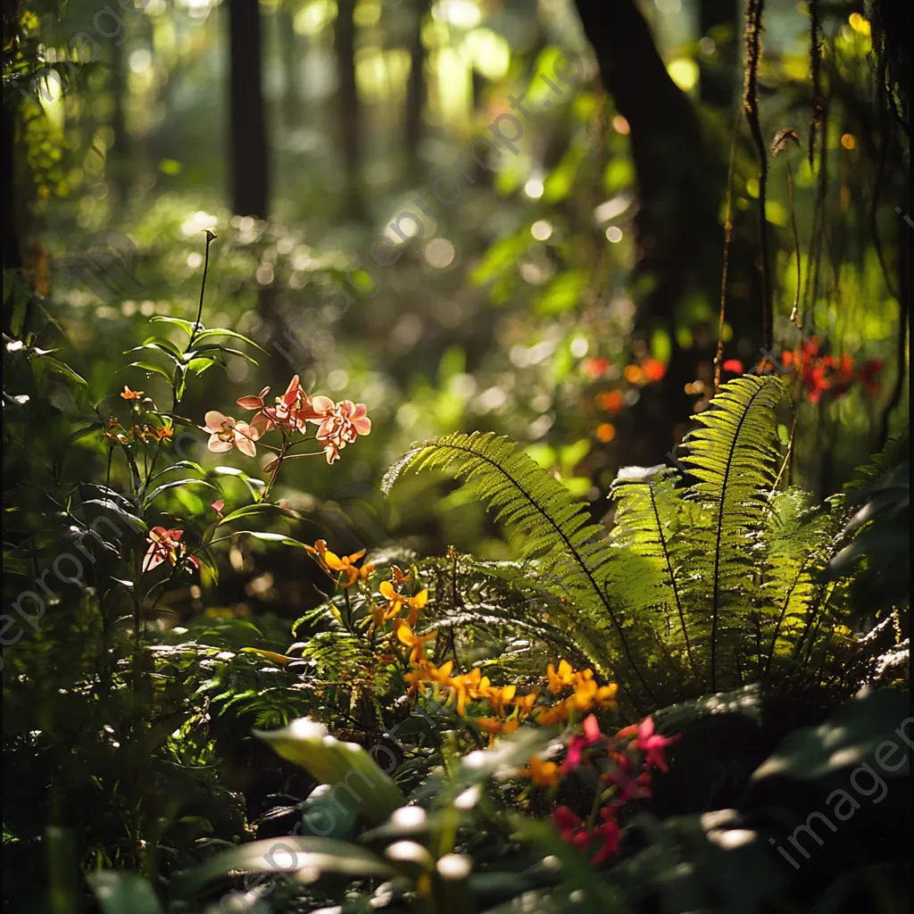 Charming forest understory showcasing a variety of small plants and orchids. - Image 3