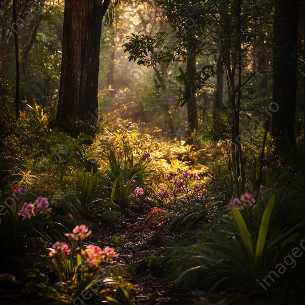 Charming forest understory showcasing a variety of small plants and orchids. - Image 4