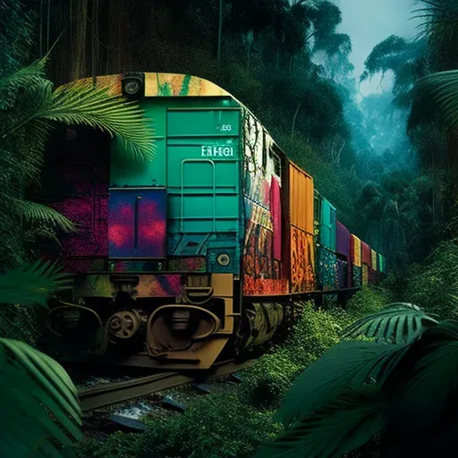 Image of a freight train loaded with colorful containers passing through a forest - Image 1