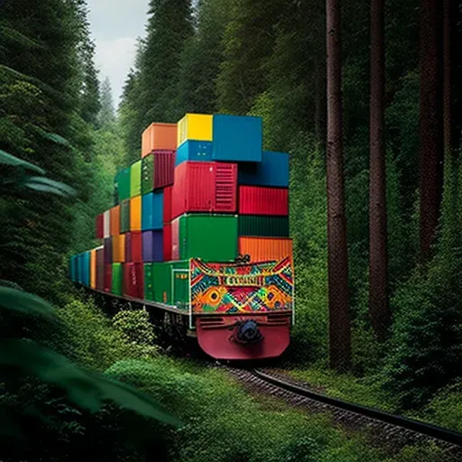 Image of a freight train loaded with colorful containers passing through a forest - Image 2