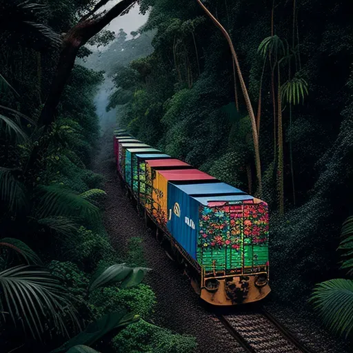 Image of a freight train loaded with colorful containers passing through a forest - Image 3