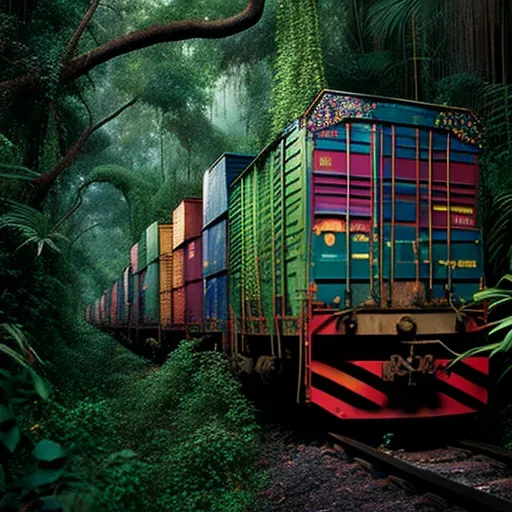 Image of a freight train loaded with colorful containers passing through a forest - Image 4