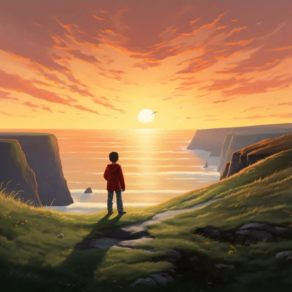 Artistic depiction of traveler at cliff edge overlooking sunset-lit ocean view - Image 3