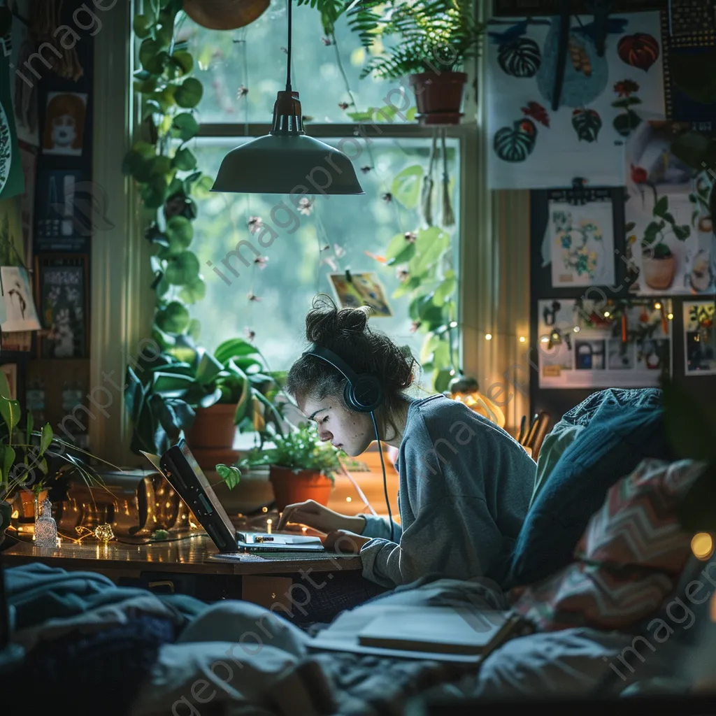 Teen studying online with headphones in a cozy room. - Image 1