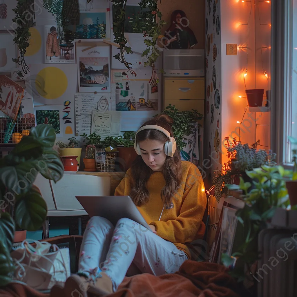 Teen studying online with headphones in a cozy room. - Image 2