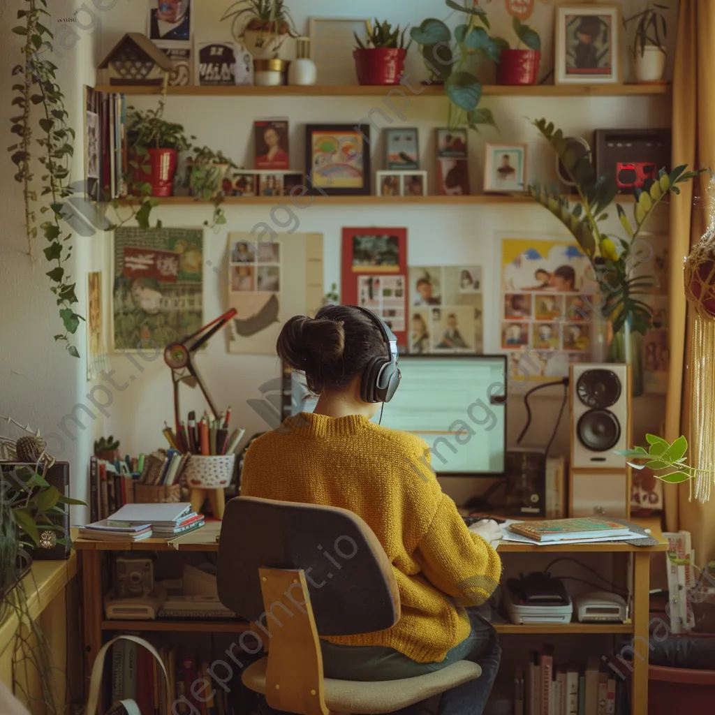 Teen studying online with headphones in a cozy room. - Image 3