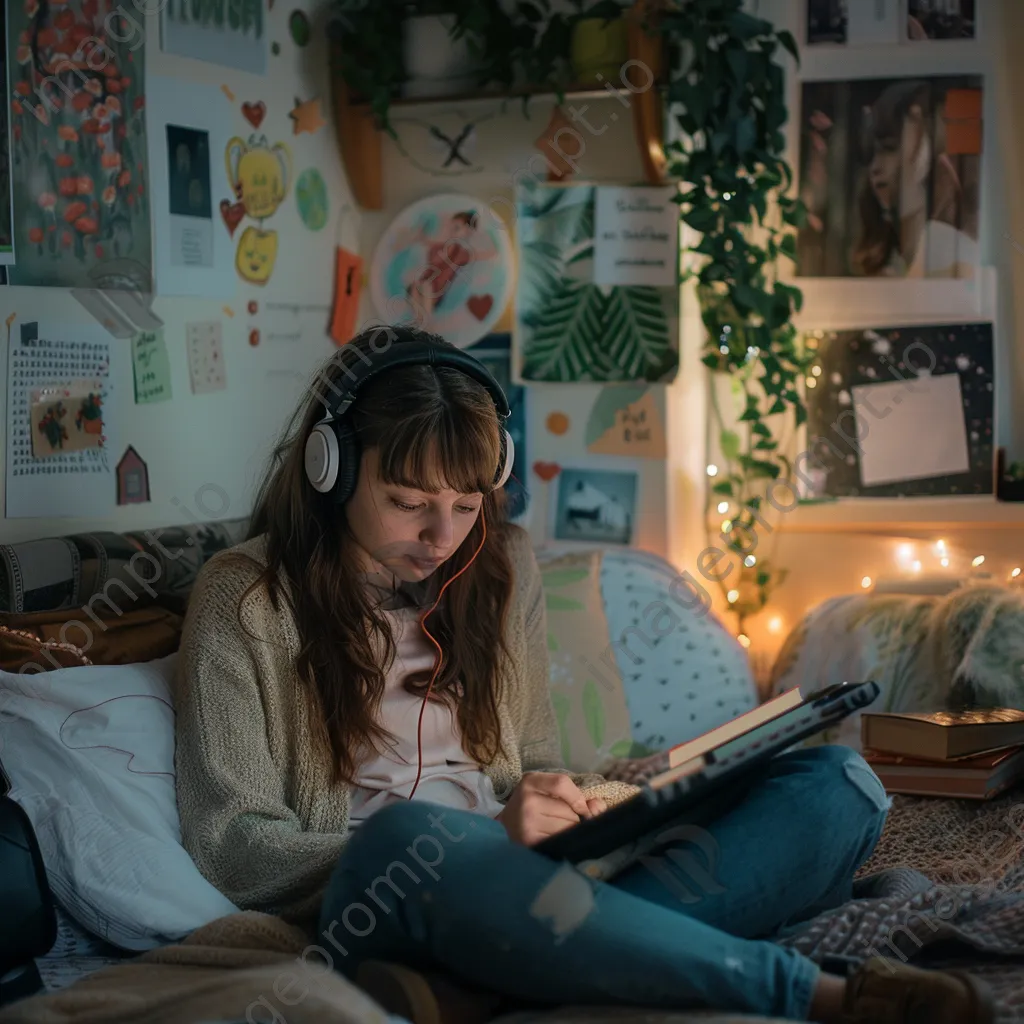 Teen studying online with headphones in a cozy room. - Image 4