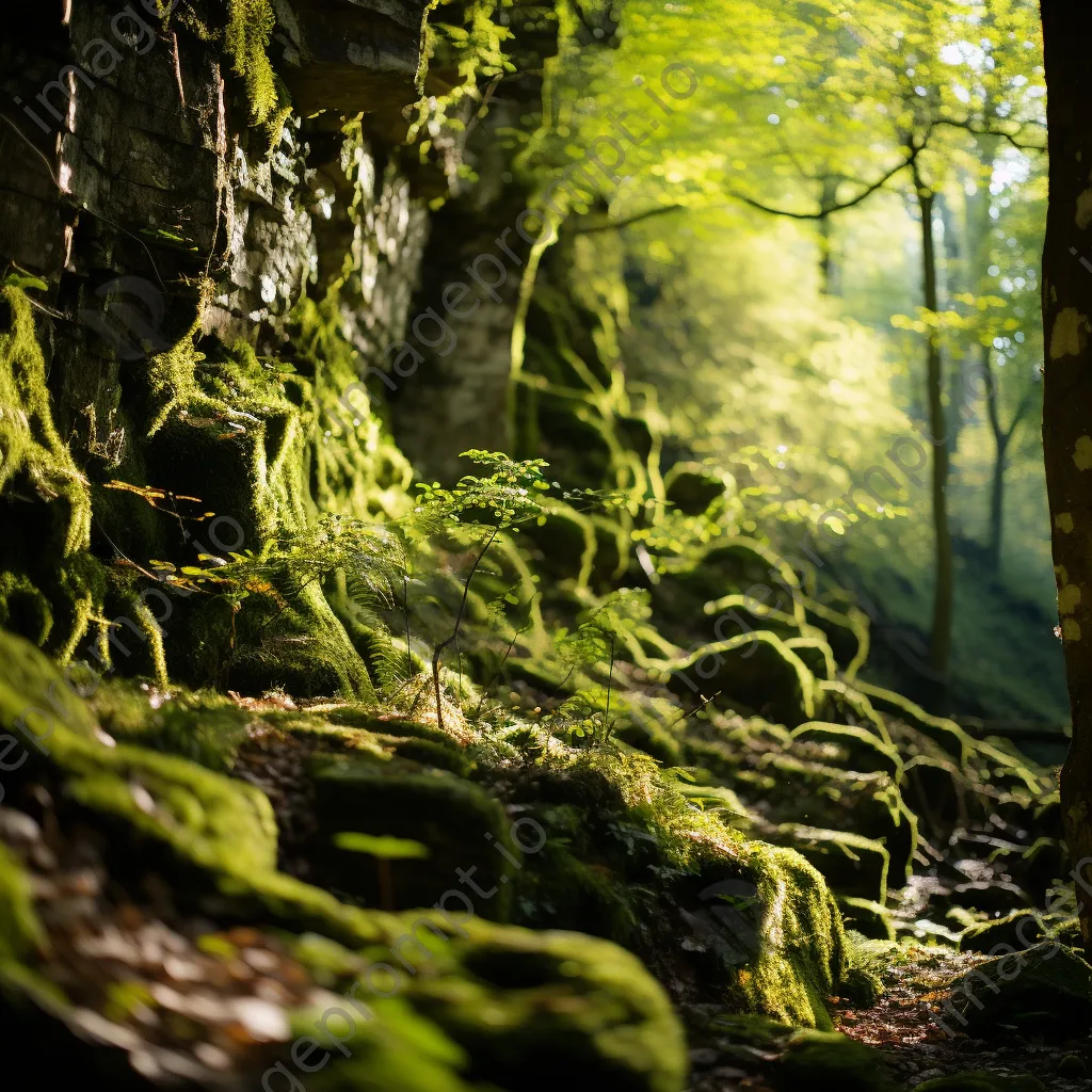 Ancient stone cliffs covered in vibrant green moss. - Image 1