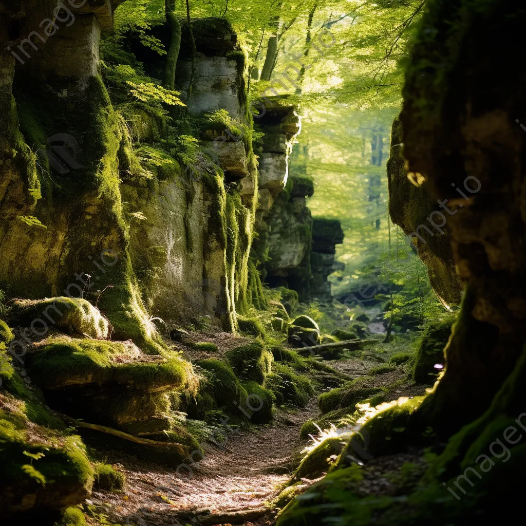 Ancient stone cliffs covered in vibrant green moss. - Image 2