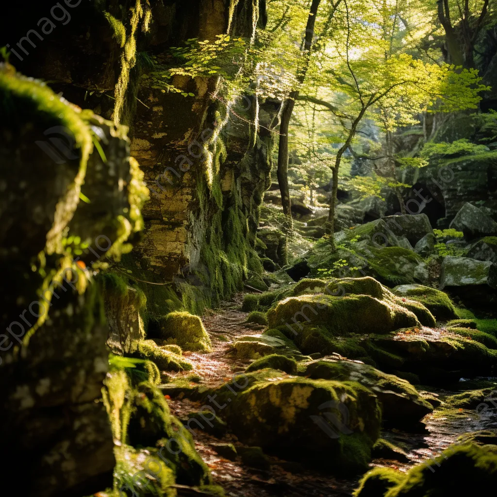 Ancient stone cliffs covered in vibrant green moss. - Image 3